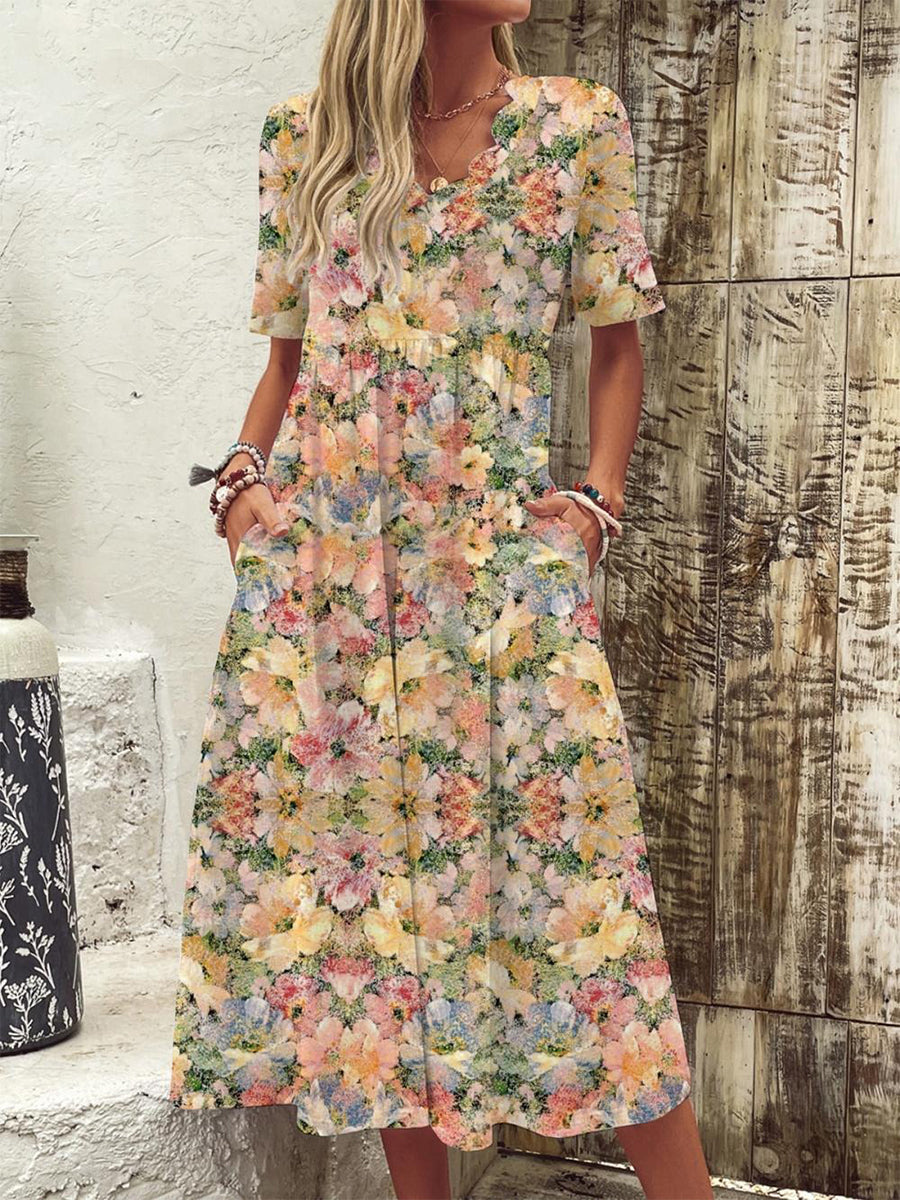 Colorful Flower Print V-Neck Short Sleeve Maxi Dress