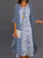 Lässiges zweiteiliges Kleid mit Blumenmuster, Rundhalsausschnitt und halben Ärmeln