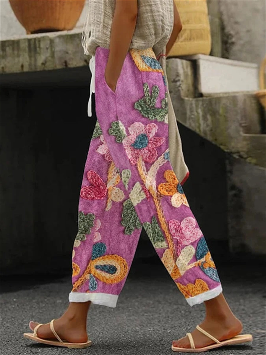 Pantalon rétro élégant à lacets fleuris et poches