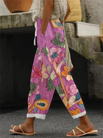 Pantalon rétro élégant à lacets fleuris et poches