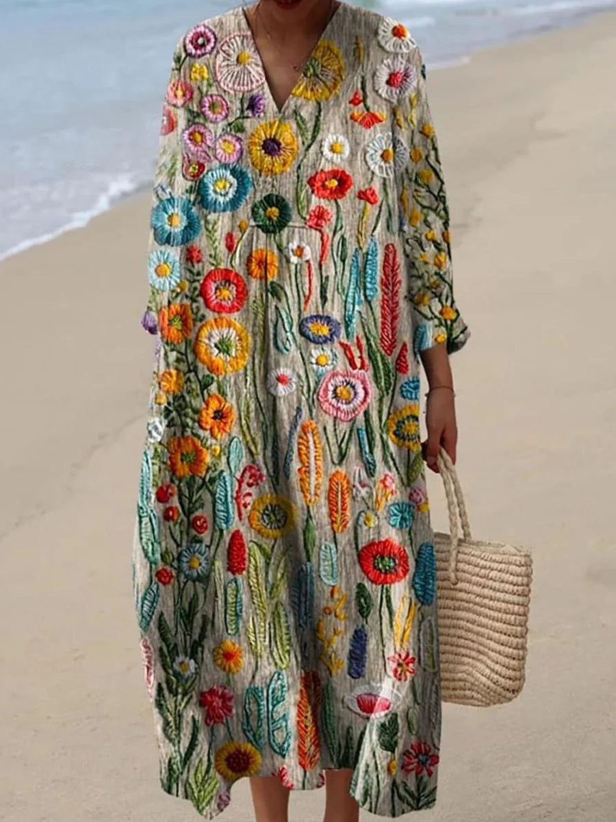 Elegant Floral Print V-Neck Long Sleeve Maxi Dress