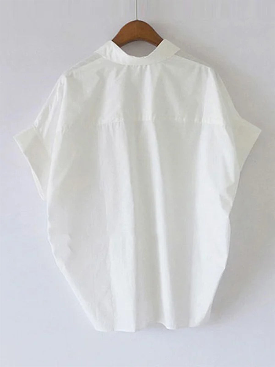 Casual Short Sleeves Loose Solid Color Lapel Collar Tops
