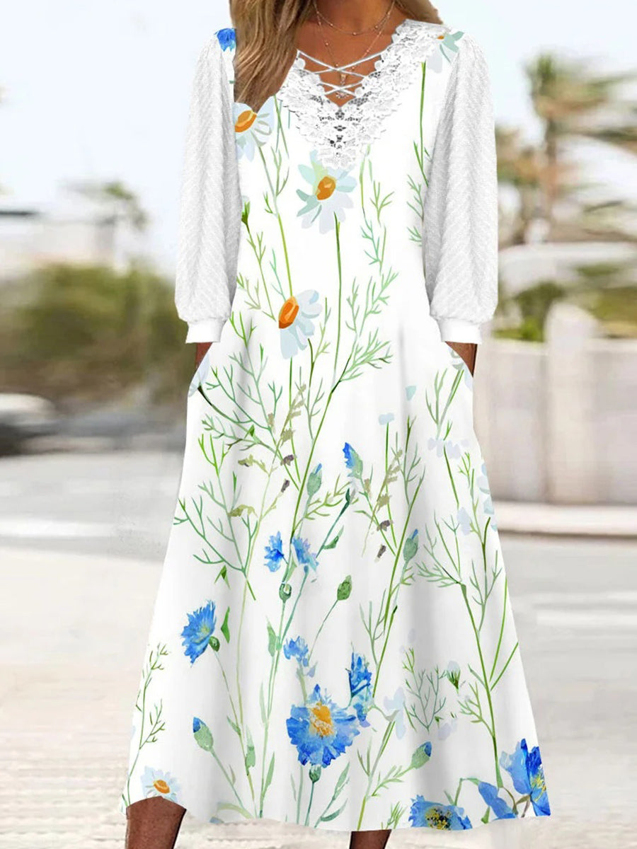Robe midi à manches longues et col en V pour femme, imprimée de fleurs et ornée de dentelle.