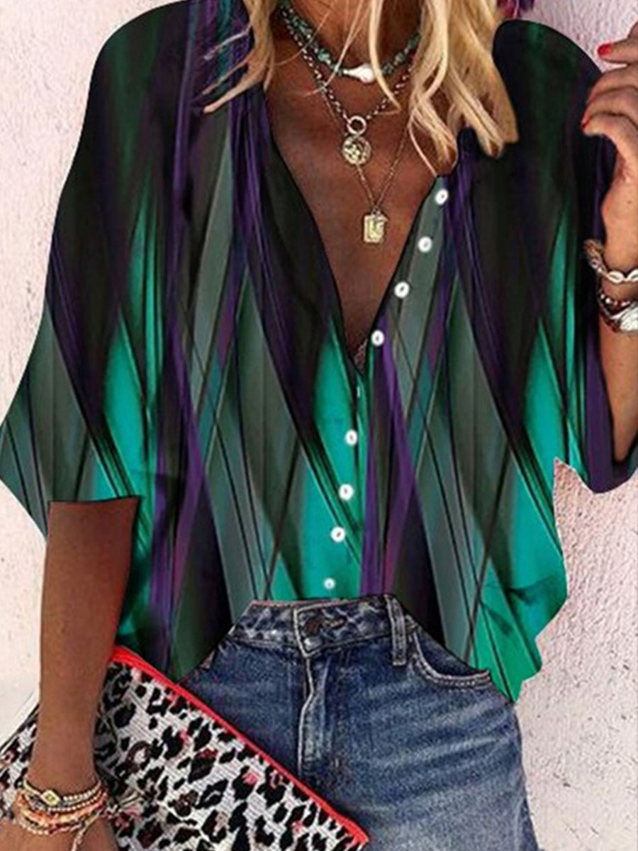 Vintage Gradient Buttoned V Neck Blouse