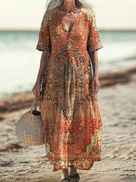 Robe courte en coton à manches courtes pour femme, imprimée de motifs ethniques rétro.