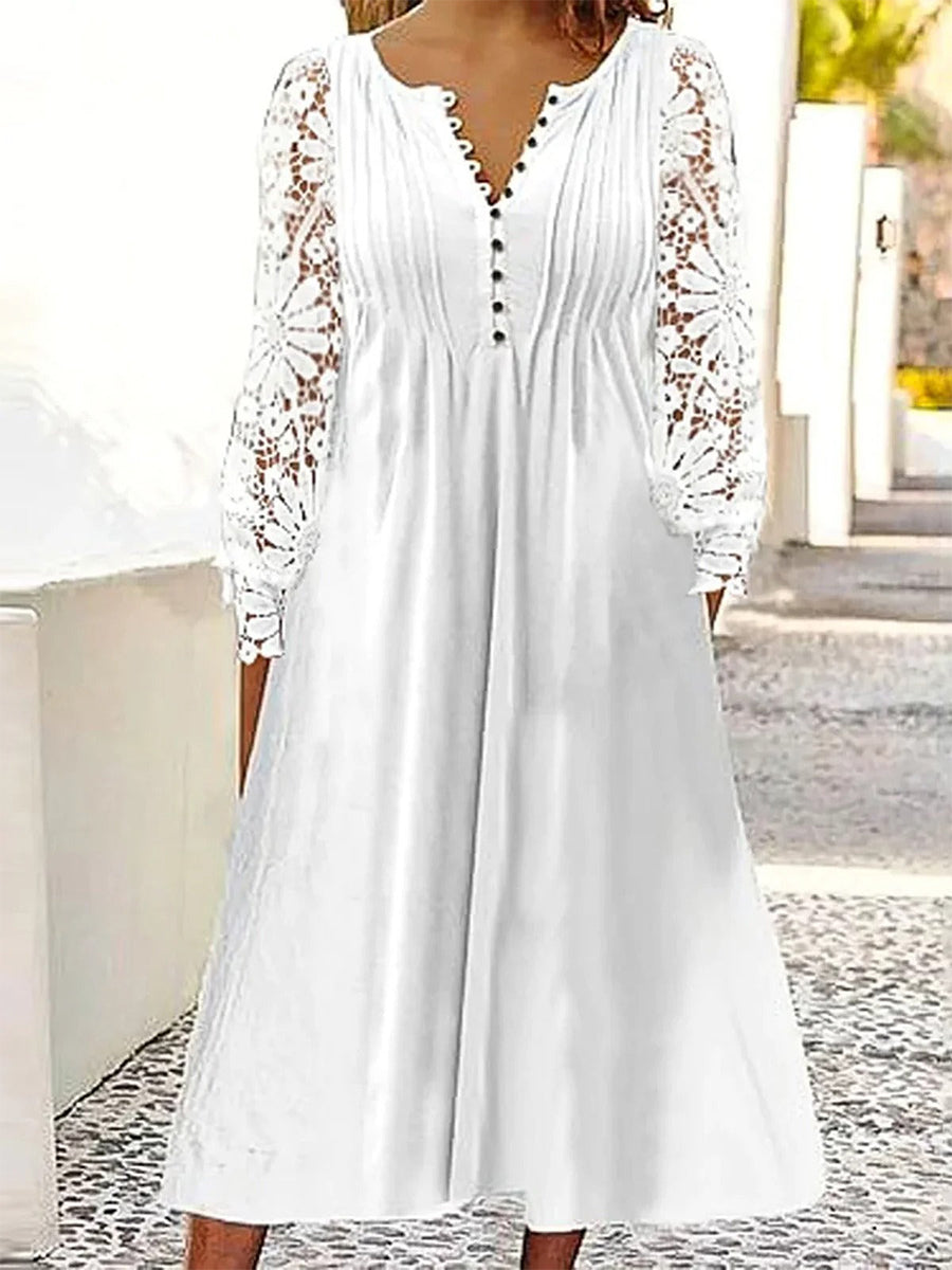 Robe midi blanche en dentelle fantaisie à col en V