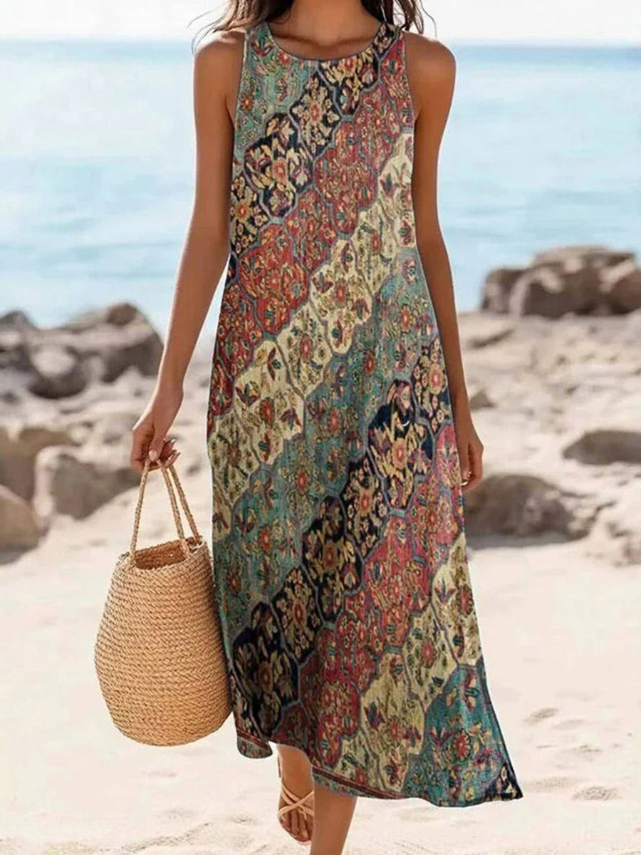 Vintage Ethnic Print Round Neck Sleeveless Dress