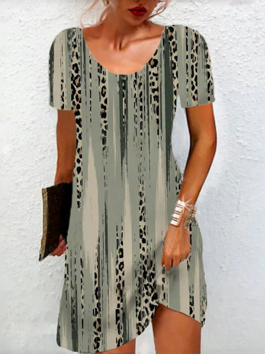 Leopard Print Round Neck Short Sleeve Gradient Dress