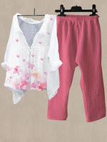 Ensemble deux pièces rose décontracté à col en V et imprimé floral, idéal pour tous les jours