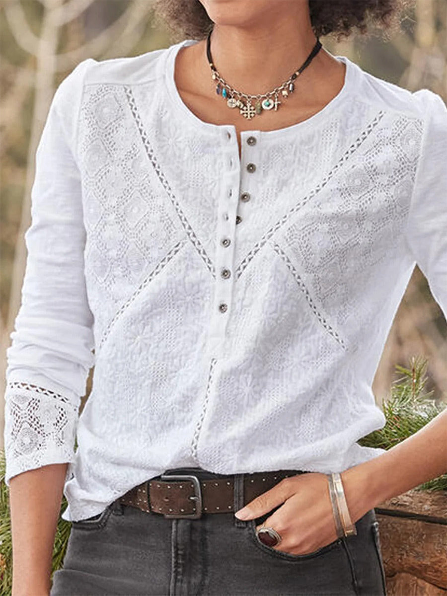 Women’s White Lace Patchwork Round Neck Long Sleeve Top
