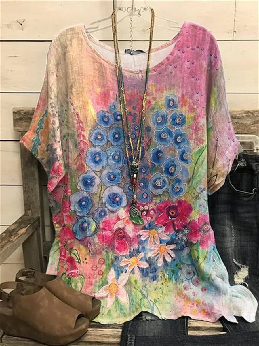 T-shirt à manches courtes et col rond pour femme, imprimé floral