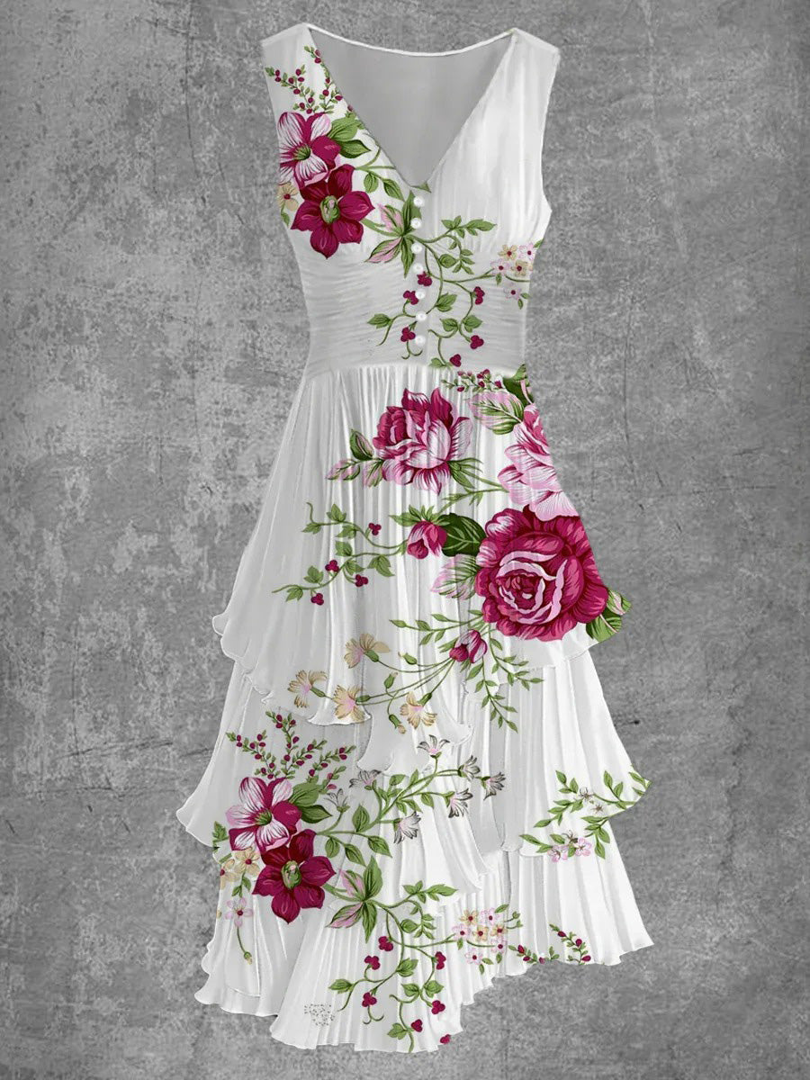 Ärmelloses, plissiertes Midikleid mit Blumenmuster, Rüschen und V-Ausschnitt für Damen