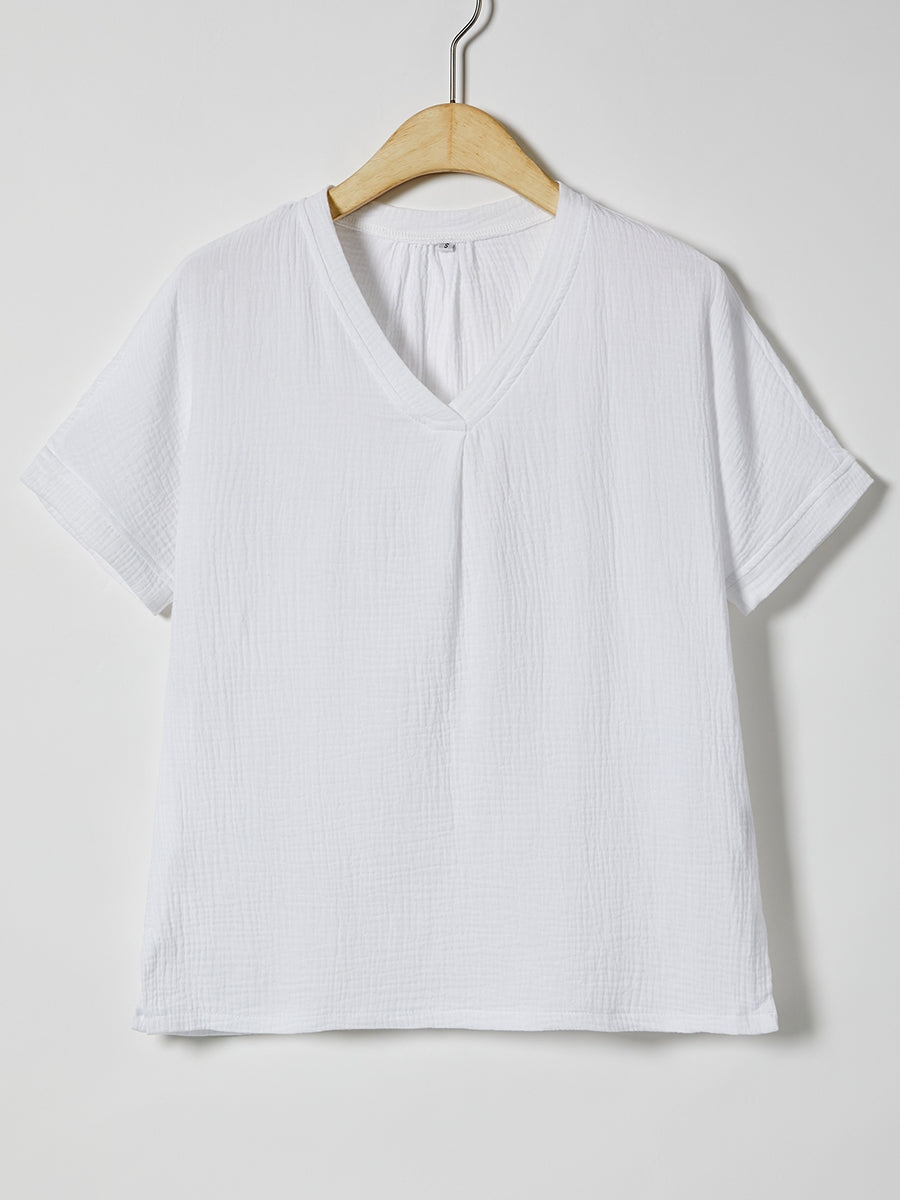 Einfarbiges, lässiges Kurzarm-T-Shirt mit V-Ausschnitt