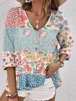 Women’s Patchwork Floral Print V-Neck Button Front 3/4 Sleeve Casual Blouse