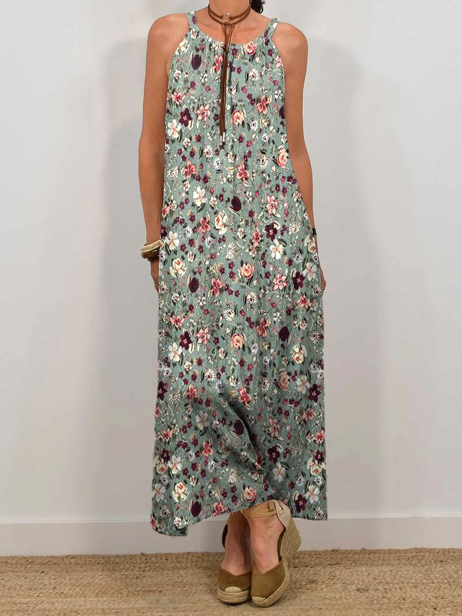 Women's Vintage Flower Art Print Sleeveless Pocket Dress