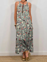Women's Vintage Flower Art Print Sleeveless Pocket Dress