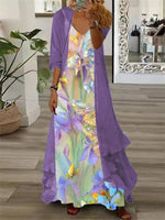 Robe maxi deux pièces violette à fleurs, manches longues et col en V
