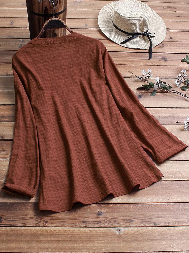 Vintage Plaid Side Button V-neck Long Sleeve Blouse