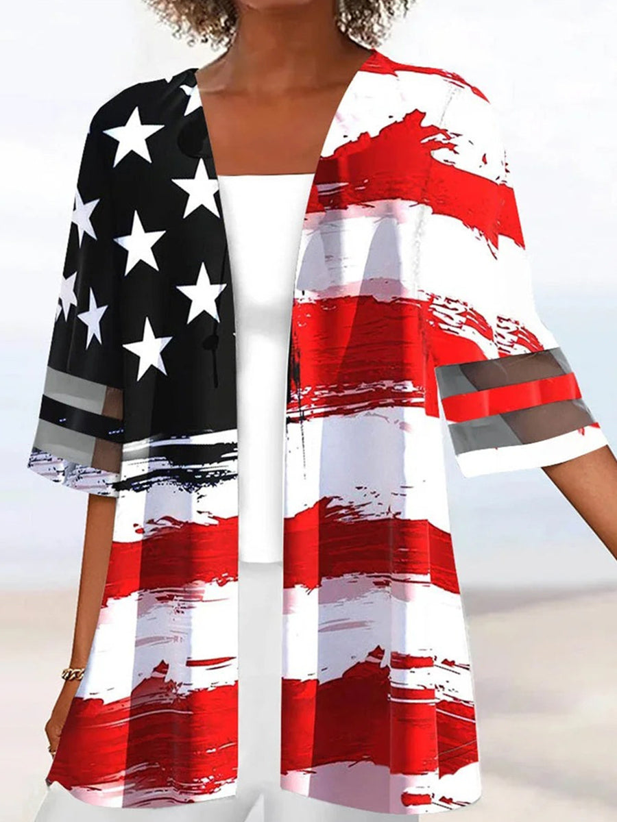 Cardigan deux pièces à rayures rouges imprimées, manches courtes