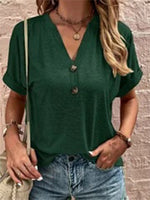 Women's Short Sleeve V-neck Button Solid Color Fashion Casual Top