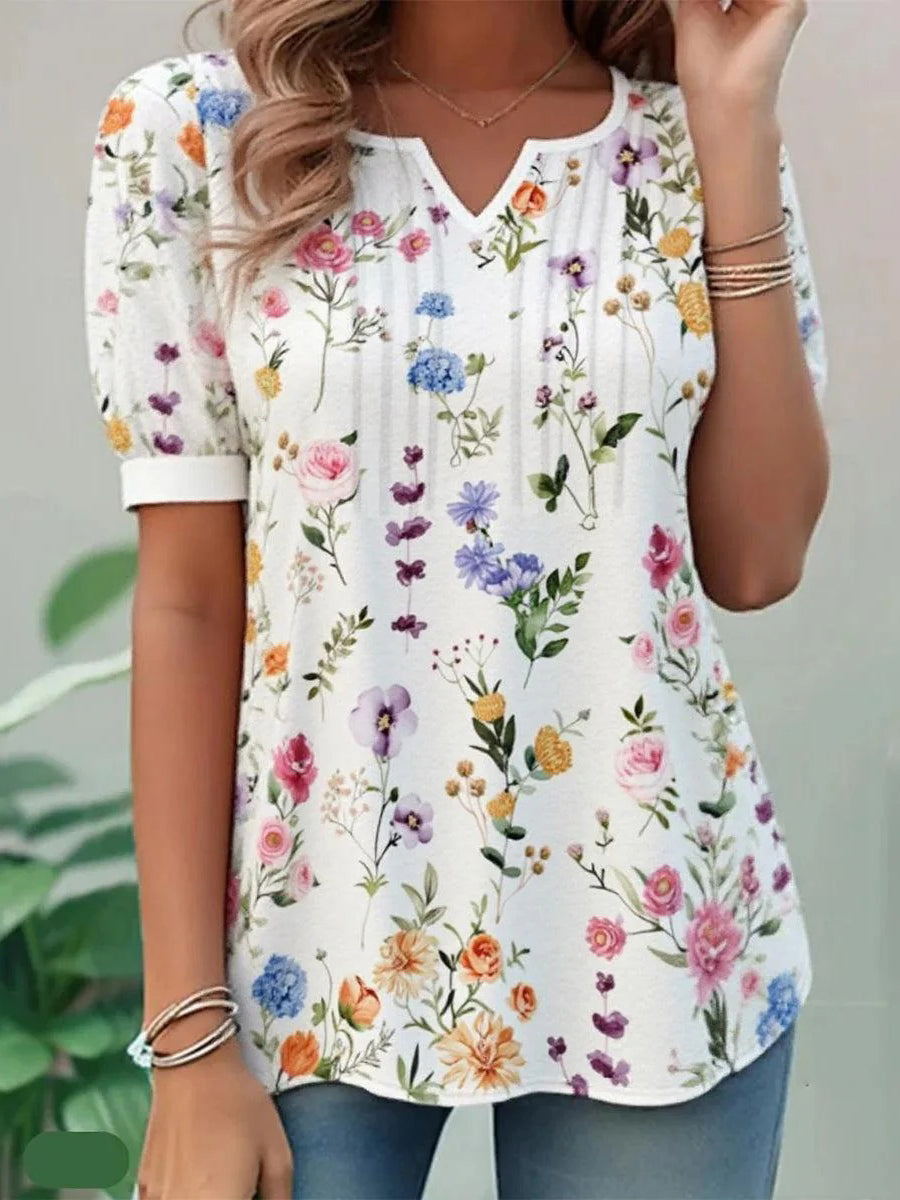 Cute White Floral Print Short Sleeve Top