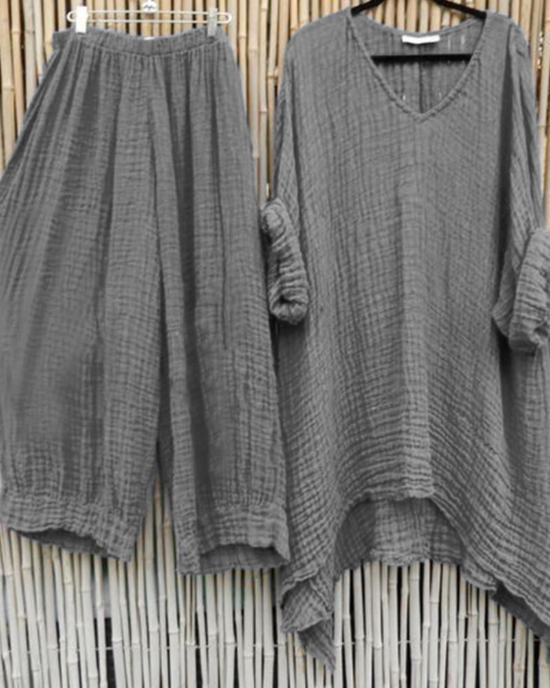Ensemble deux pièces gris uni pour femme, col V ample.