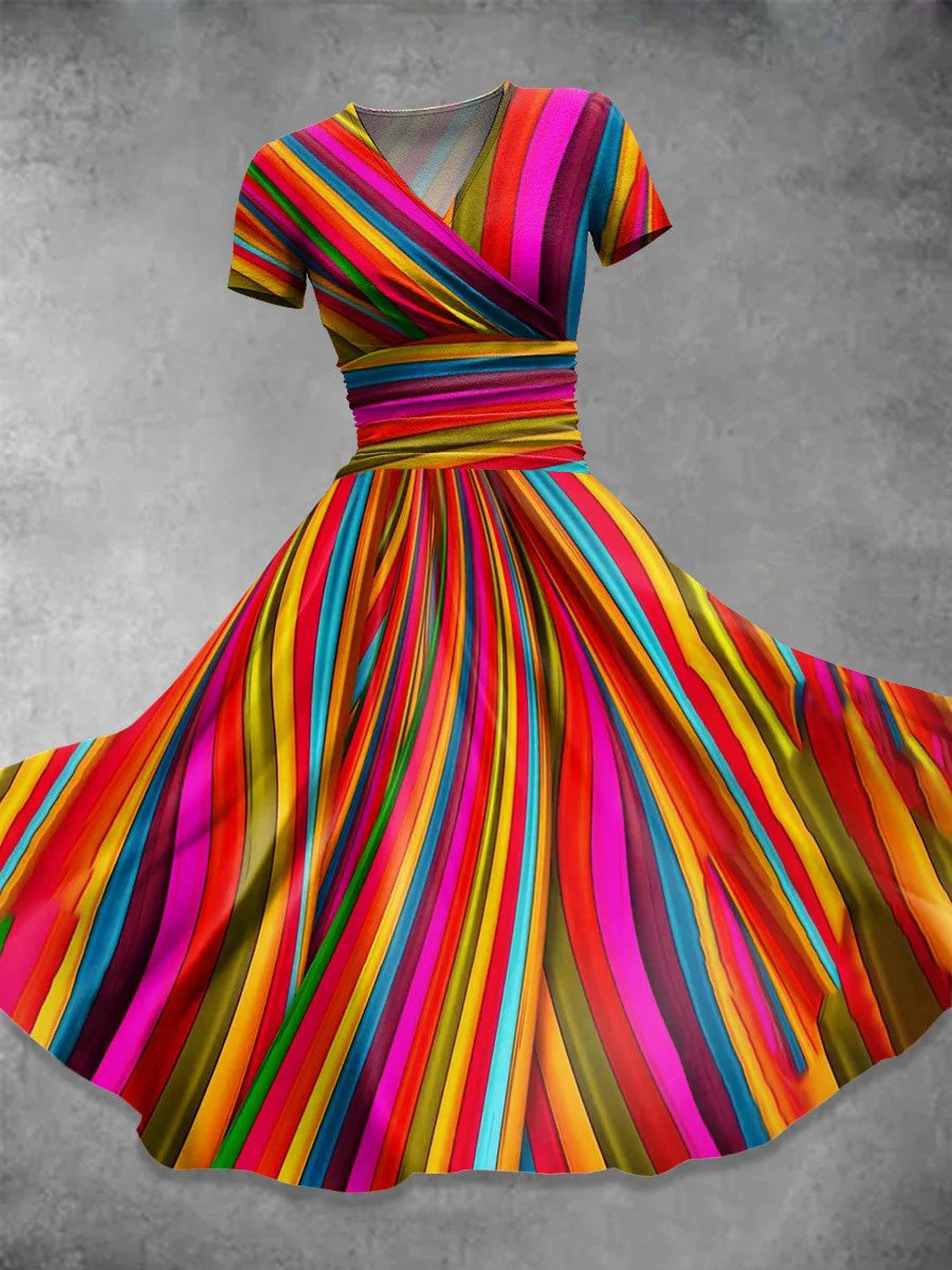 Women’s Rainbow Striped Short Sleeve V-Neck Casual Midi Dress