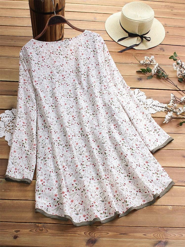 Women's Floral Print Patchwork Long Sleeve Irregular Hem Blouse