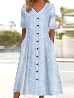 Women’s Casual V-Neck Short Sleeve Striped Button-Down Midi Dress with Pockets