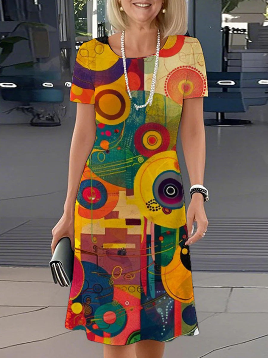 Special Multicolor Round Neck Short Sleeve Mini Dress