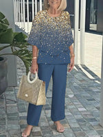 Zweiteiliges Set aus blauem Oberteil mit Rundhalsausschnitt und 3/4-Ärmeln