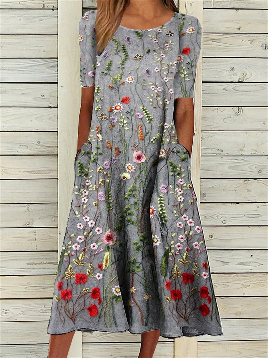 Loose Casual Printed Crew Neck Midi Dress