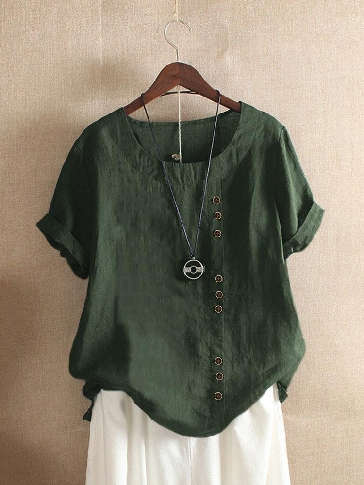 Women’s Casual Loose-Fit Cotton Short Sleeve Blouse with Side Buttons