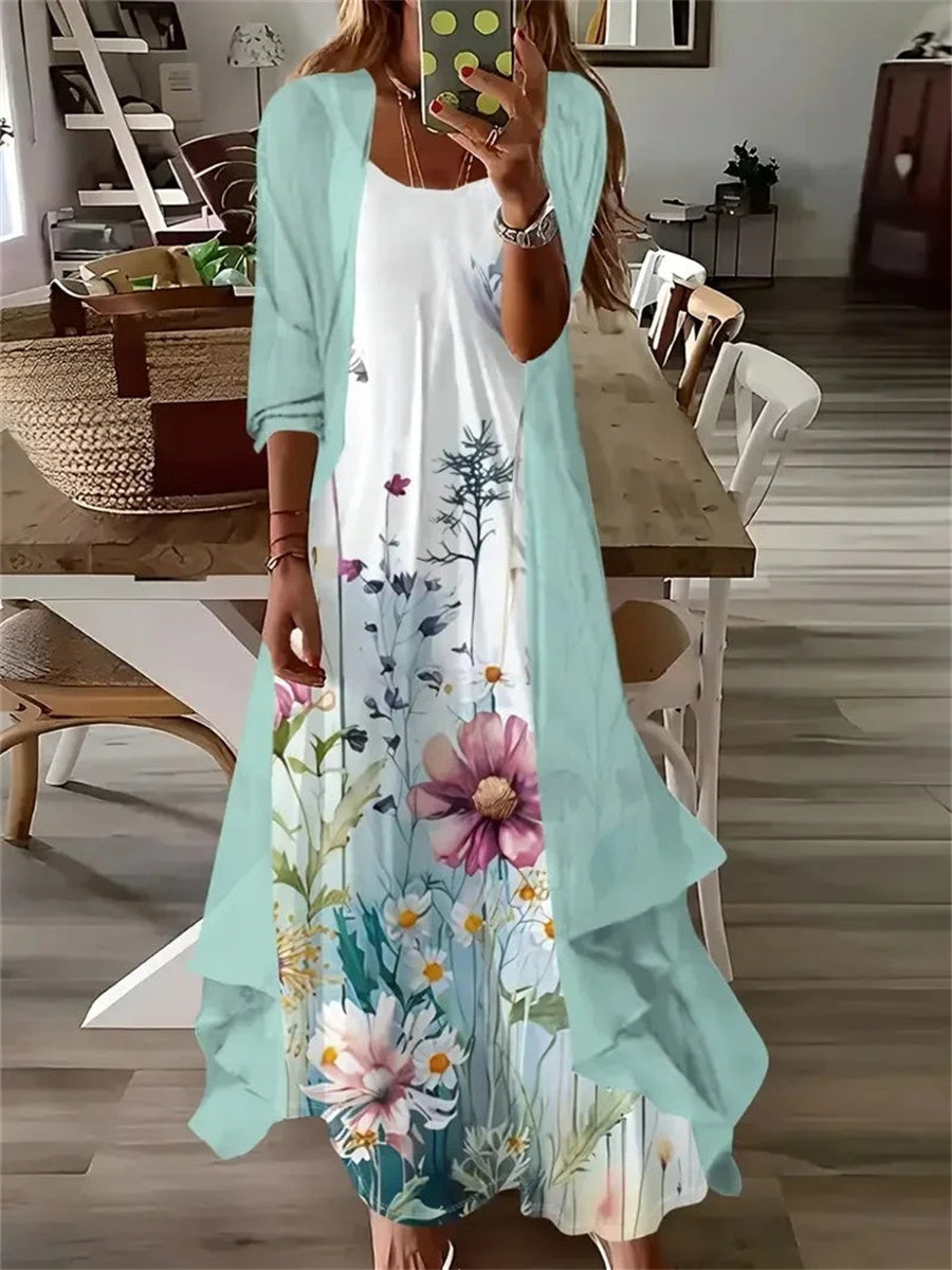 Robe longue deux pièces à manches longues et col en U pour femme, imprimée de fleurs