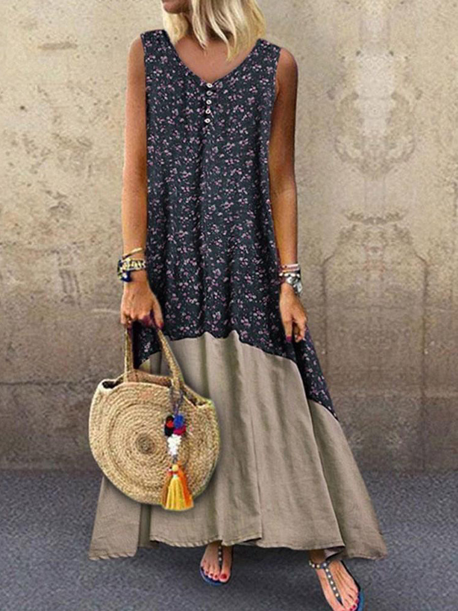 Floral Print Patchwork V-neck Sleeveless Maxi Dress