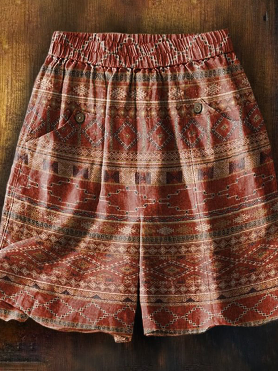 Short décontracté à poches imprimé patchwork bohème rétro pour femme