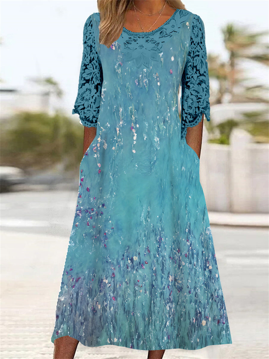 Robe midi à manches 3/4 et col rond pour femme, ornée d'un imprimé graphique et de surpiqûres en dentelle.