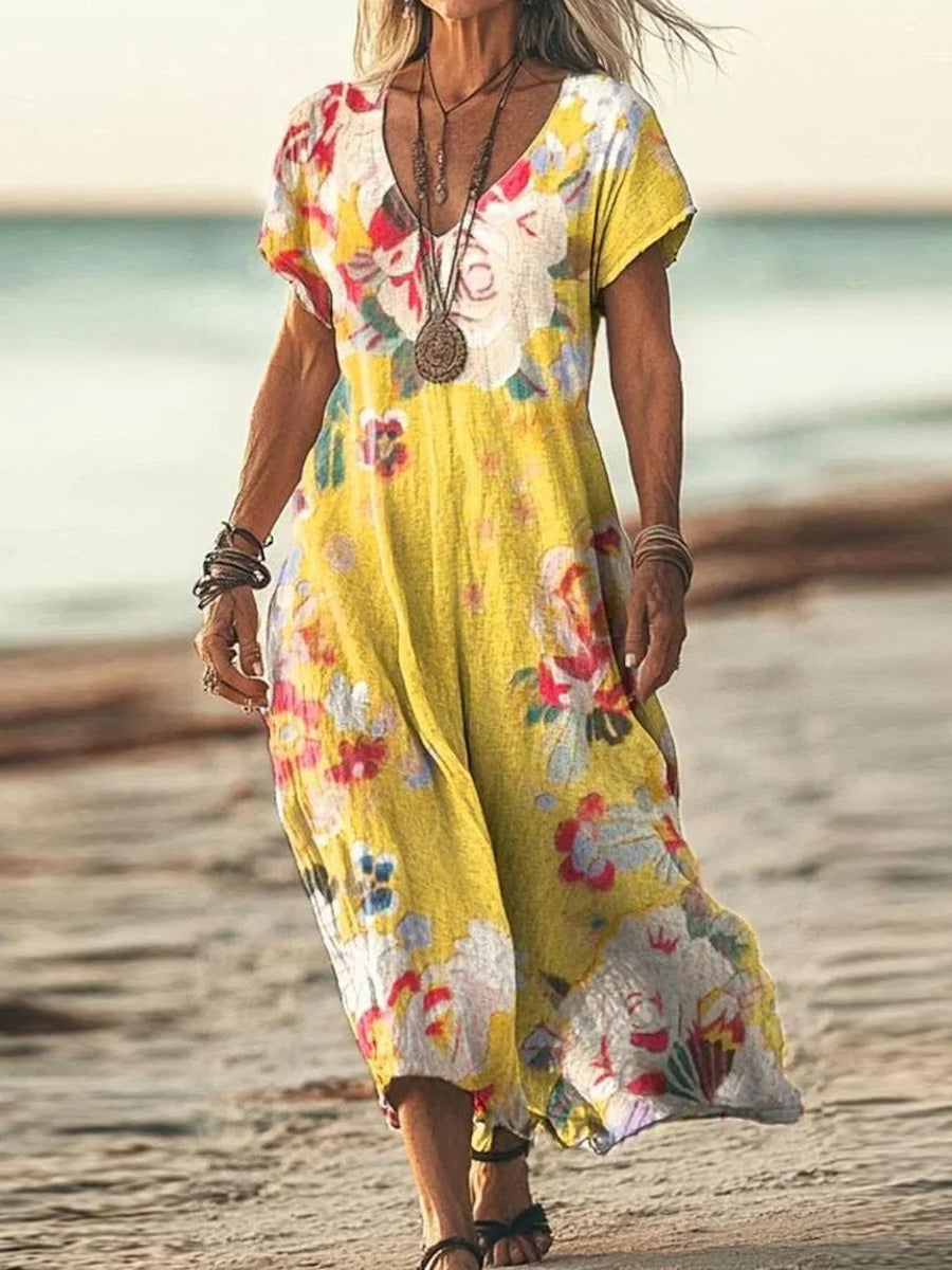 Robe midi jaune à manches courtes et col en V