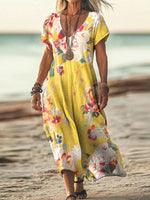 Robe midi jaune à manches courtes et col en V