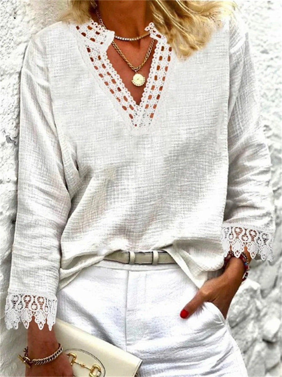 Chemise décontractée à manches longues avec bordure en dentelle unie