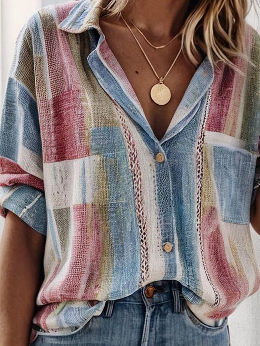 Women’s Casual Short Sleeve Button-Down Patchwork Shirt