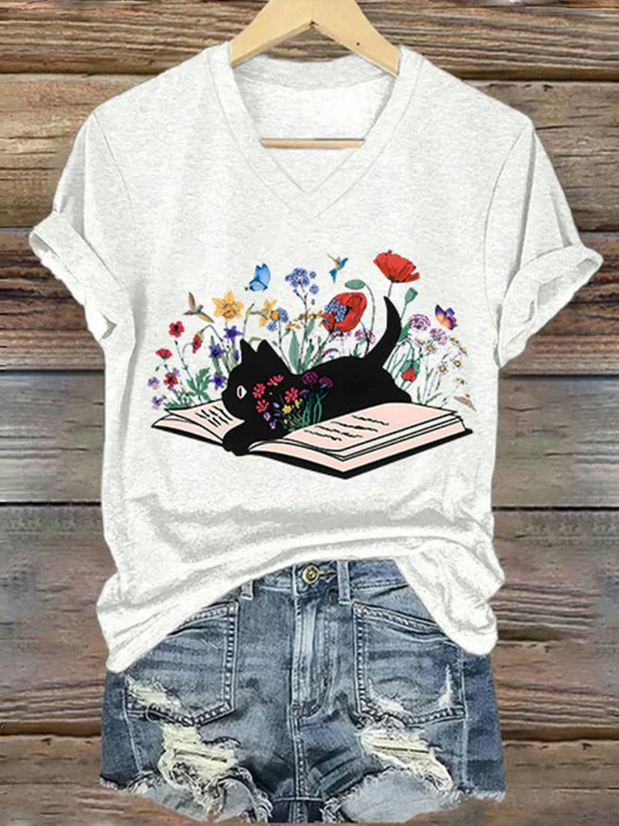 Lässiges Kurzarm-T-Shirt mit Katzenprint und V-Ausschnitt