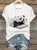 Lässiges Kurzarm-T-Shirt mit Katzenprint und V-Ausschnitt