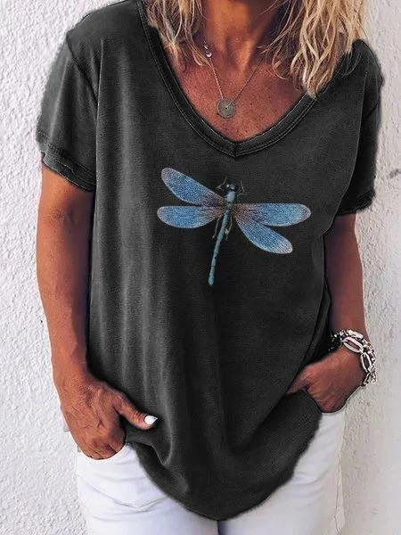 Dragonfly Printed Casual V-neck Short Sleeve T-shirt