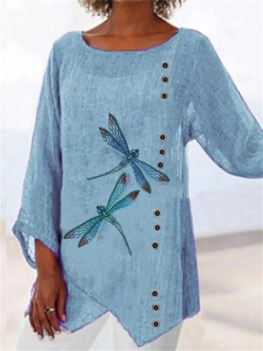 Blue Casual Graphic Tops Round Neck Dragonfly Printed Long Sleeve Blouse