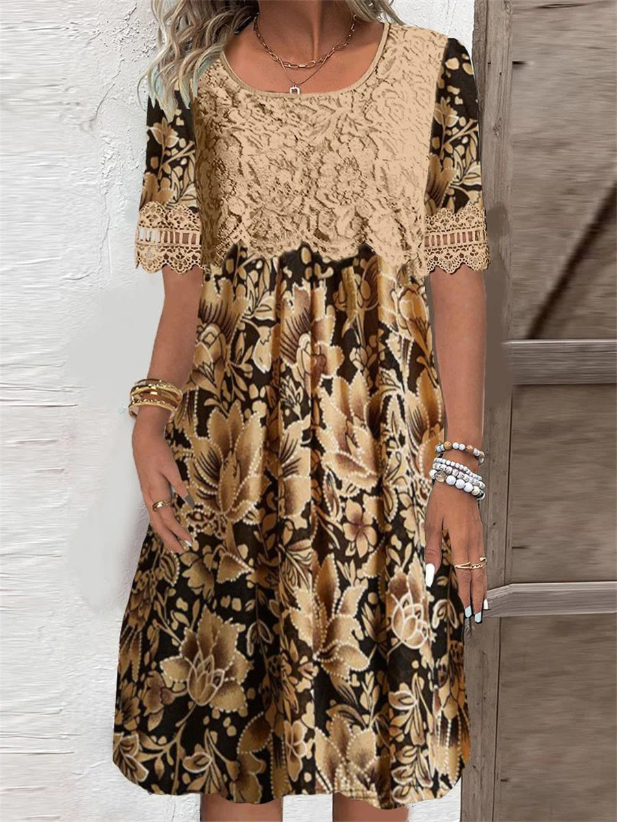 Robe midi à manches courtes et col rond en dentelle imprimée de fleurs pour femme