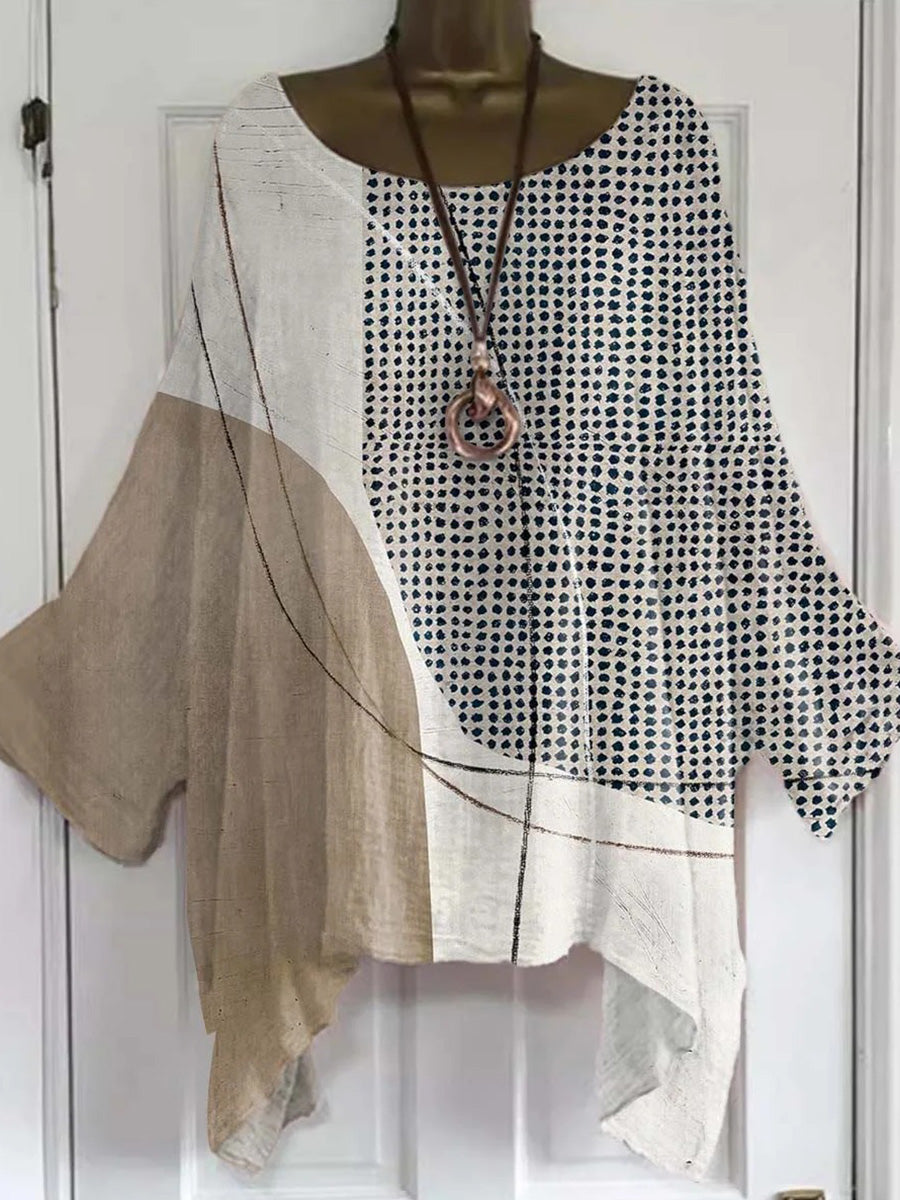 Haut à manches longues et col rond imprimé géométrique pour femme