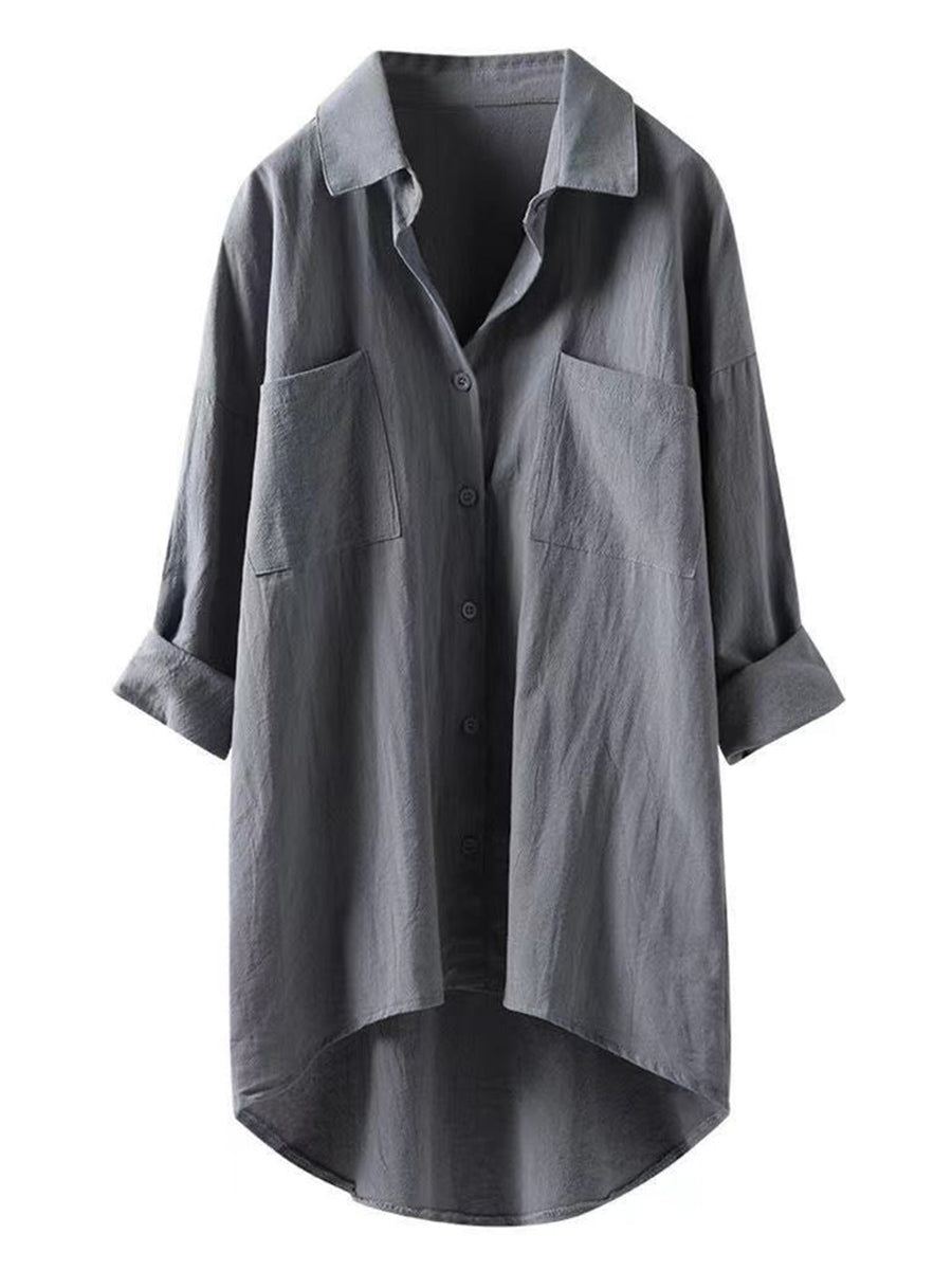 Haut ample à col en V en coton et lin uni