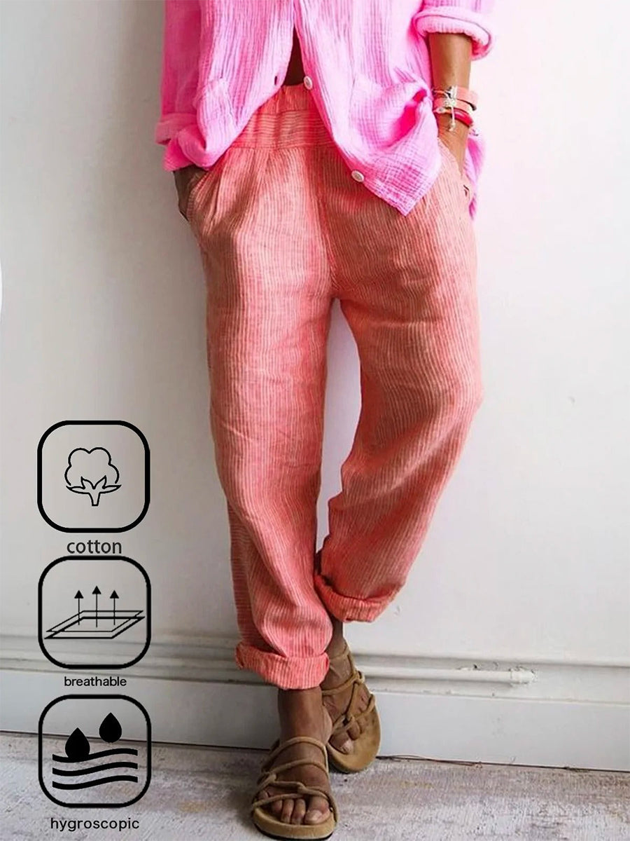 Pantalon harem décontracté à rayures en coton et lin
