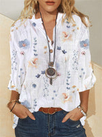 Floral Half Button V Neck Long Sleeve Blouse